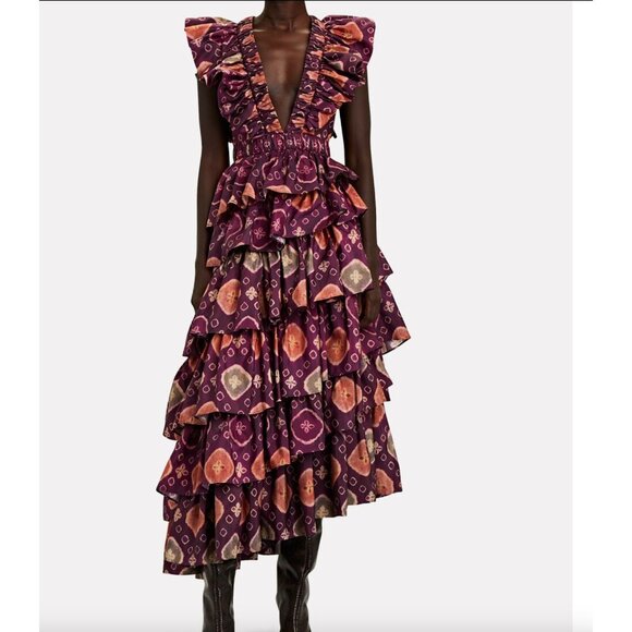 Ulla Johnson Purple and Orange Ruffled Midi Dress - Picture 2 of 9